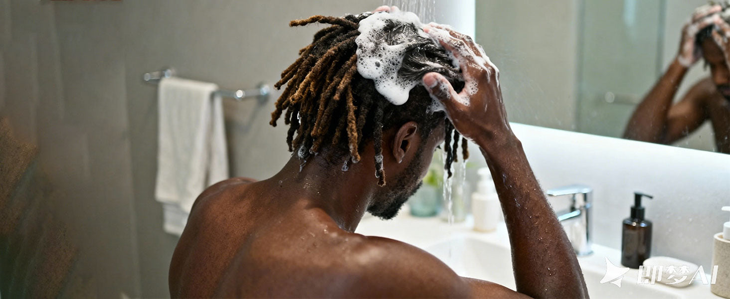 Person with dreadlocks washing their hair in a bathroom, hands lathering shampoo into their locks.