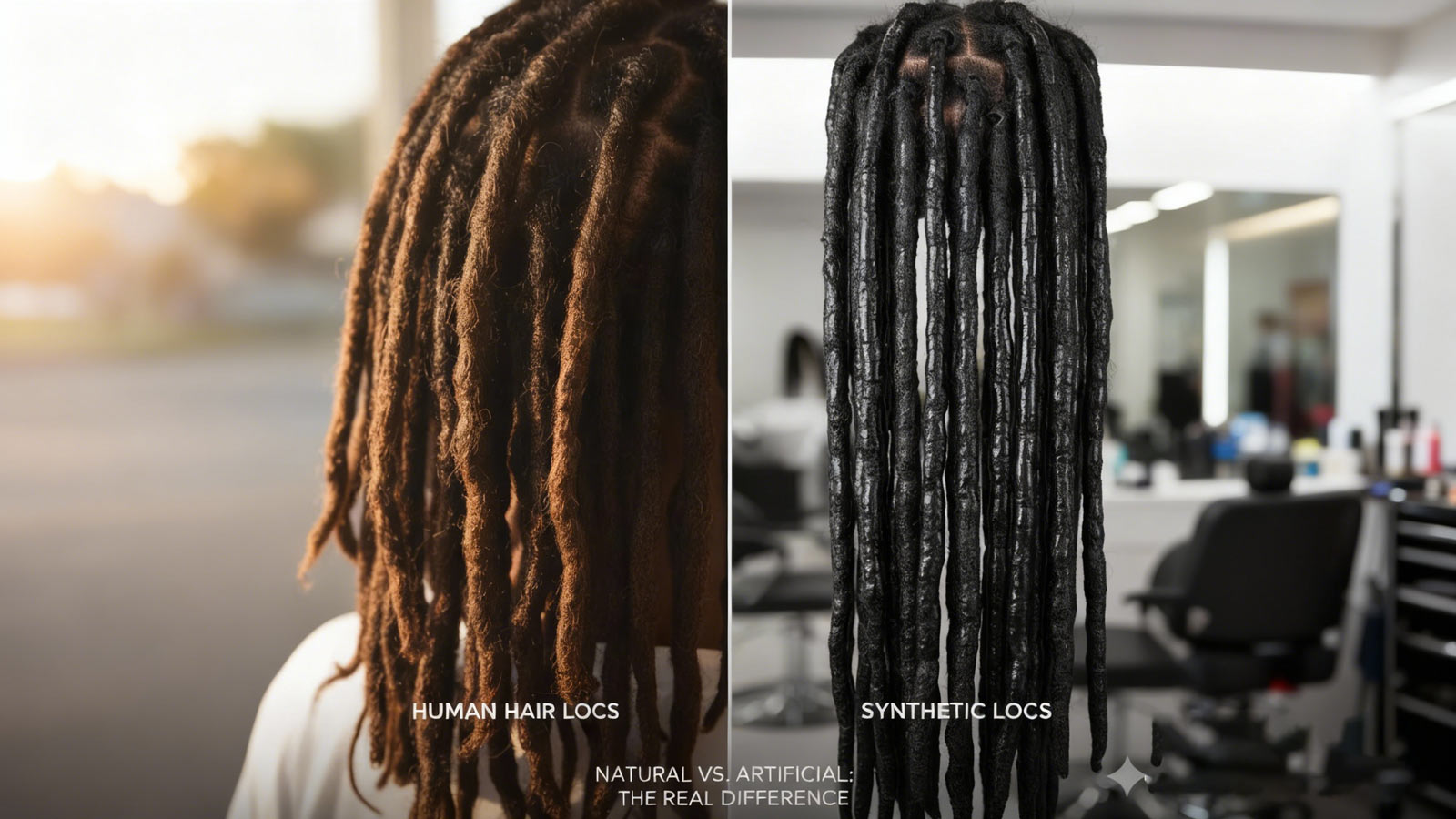 A side-by-side comparison of human hair locs versus synthetic locs, highlighting the difference in texture, shine, and uniformity.