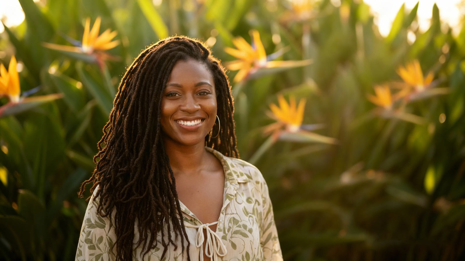 Confident woman with thick healthy dreadlocks in natural sunlight