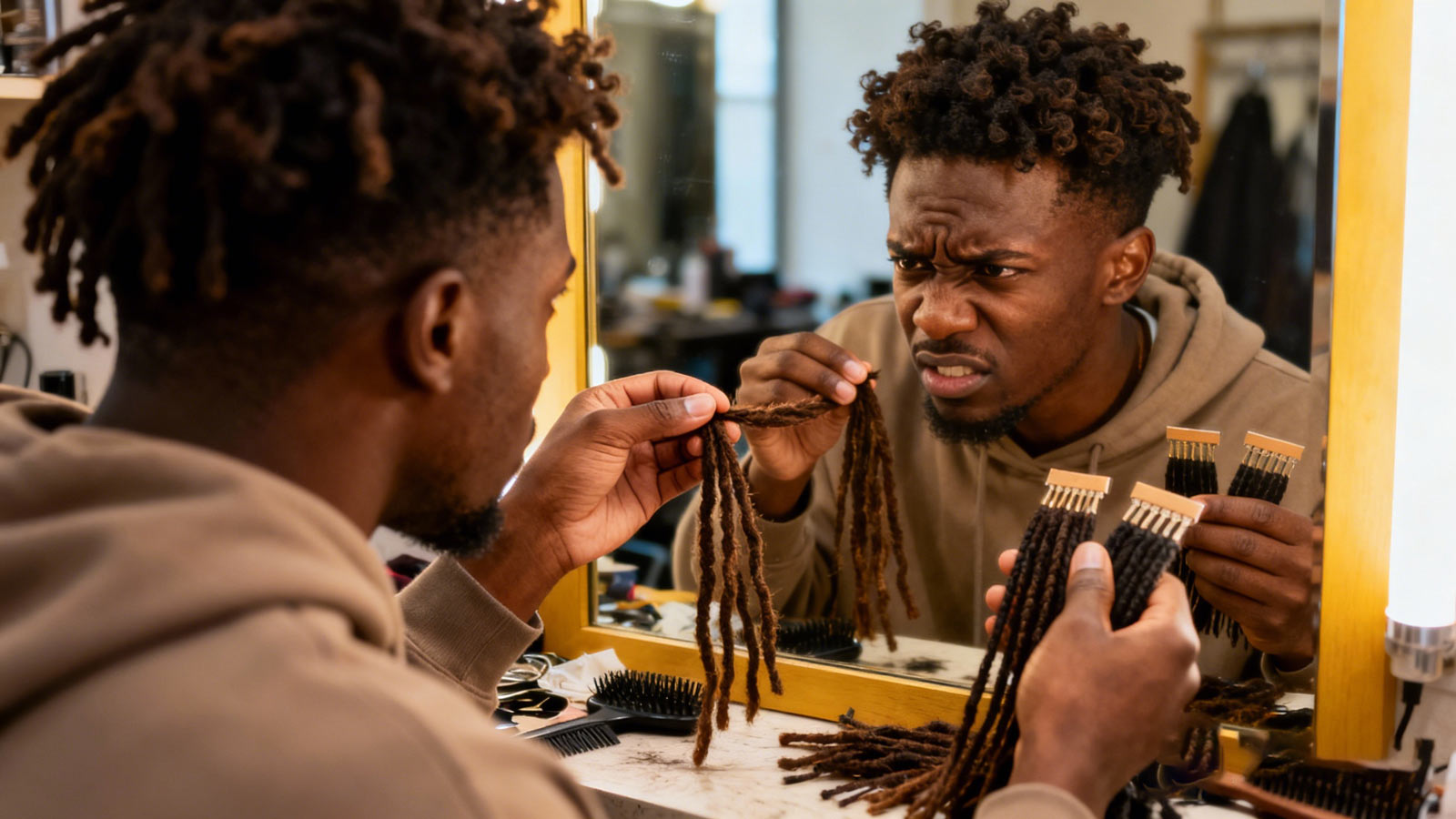 A black male is struggling to decide how long to make his dreadlocks.