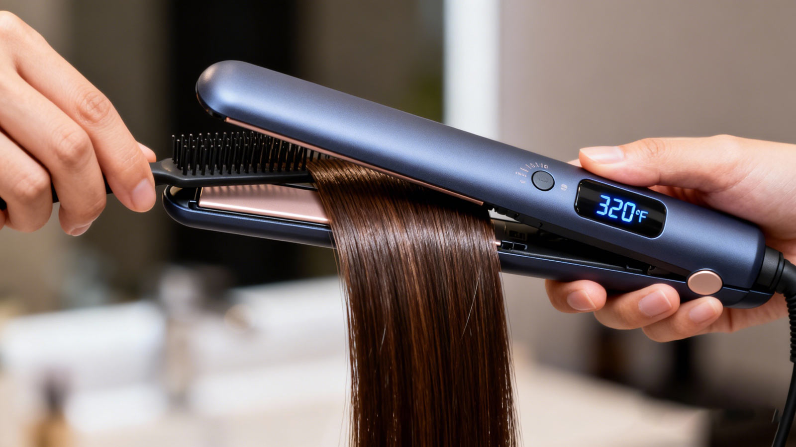 Using a ceramic hair straightener with a temperature display screen (showing a temperature of 320°F) with one hand.