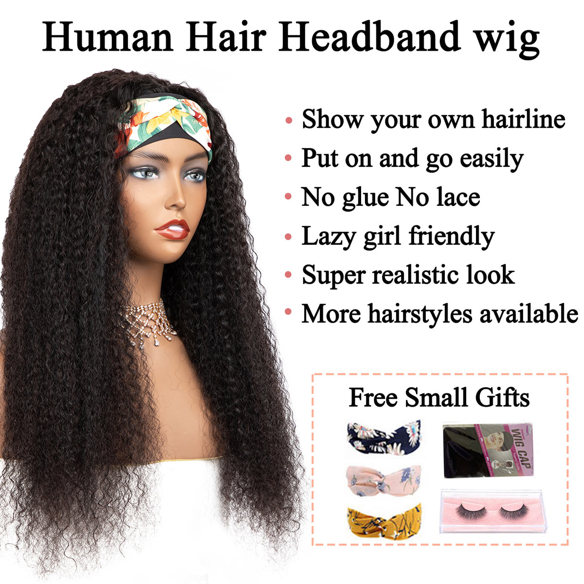 Jerry Curly Headband Wig Human Hair for Black Women Glueless None Wig Full Machine Made Natural Color