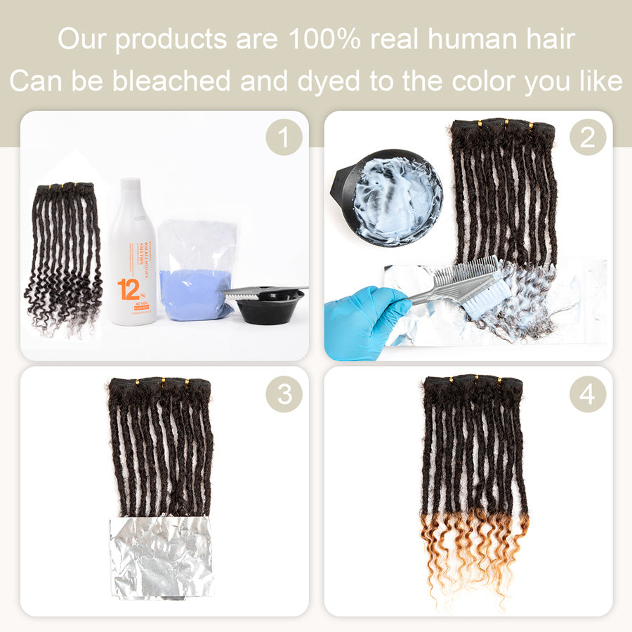 Step-by-step guide: applying bleach to human hair dreadlock extensions for dyeing.