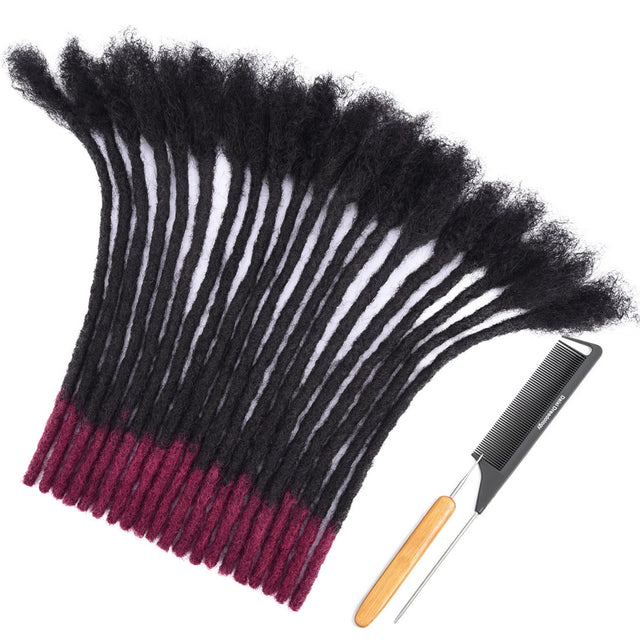 Handmade 1B soft human hair dreadlocks with burgundy tips, 0.4-0.8cm thick