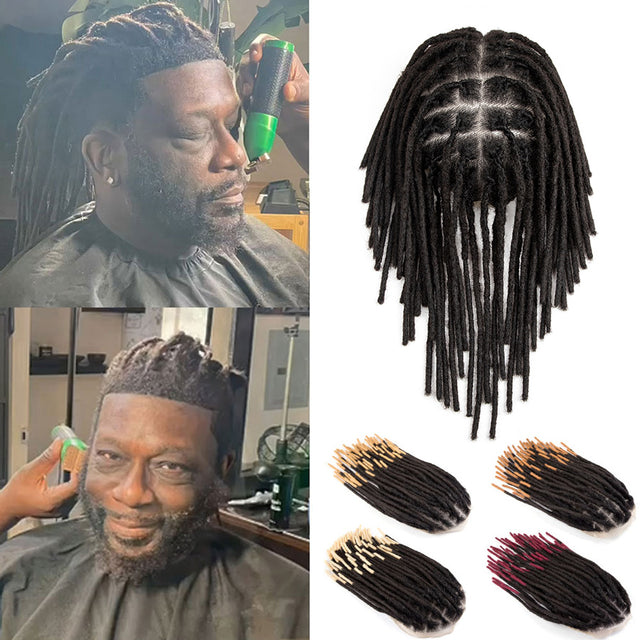 Afro dreadlocks toupee for black men, 100% human hair locs with transparent lace base and colored tips.