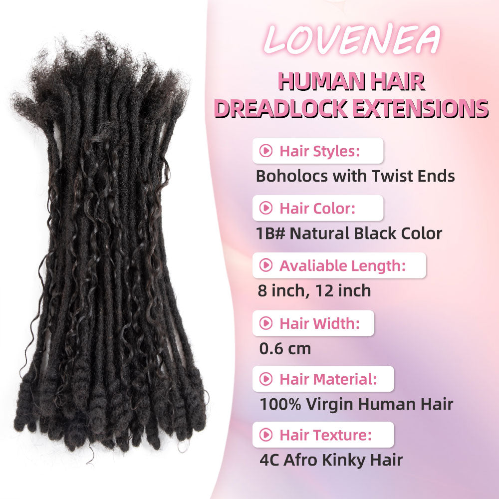 0.6 cm Human Hair Dreadlocks with Twist Ends Boho locs Human Hair Handmade Dreadlock Extensions Natural Black Color