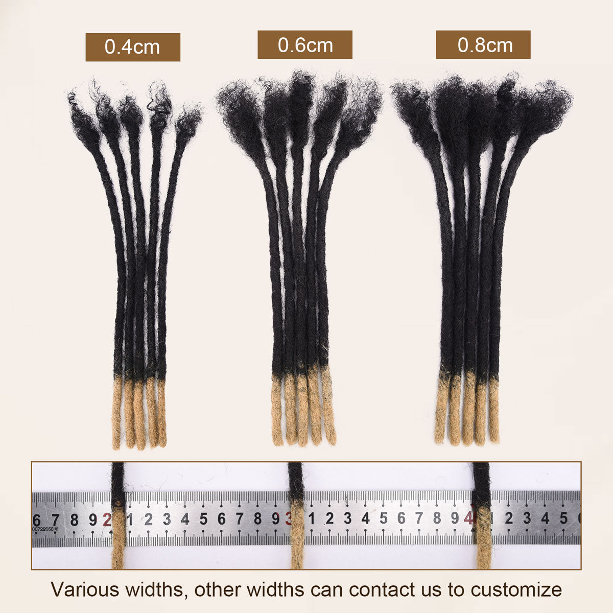 Handmade soft human hair dreadlocks extensions (locs) in 0.4-0.8cm thickness shown with ruler.