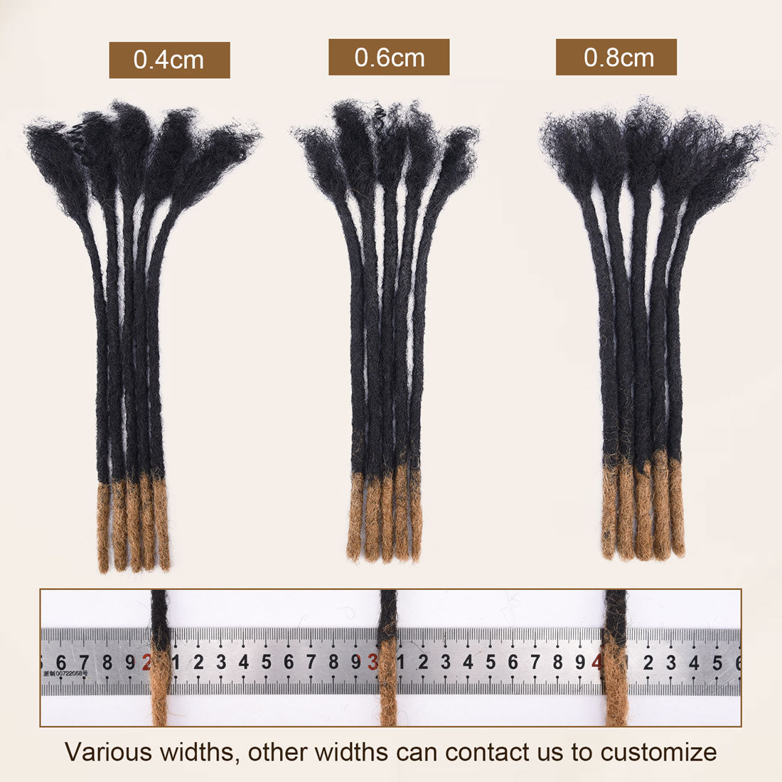 Handmade black human hair dreadlocks extensions (locs) in 0.4-0.8cm thickness shown with ruler.