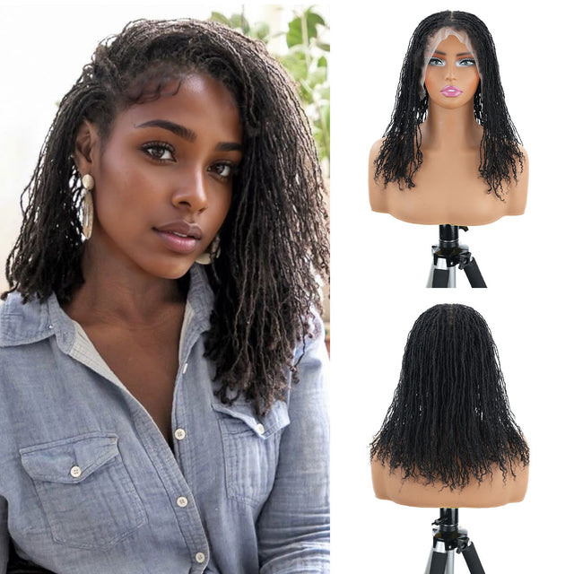 Realistic black sister locs human hair full lace wig styled on a model and mannequin.