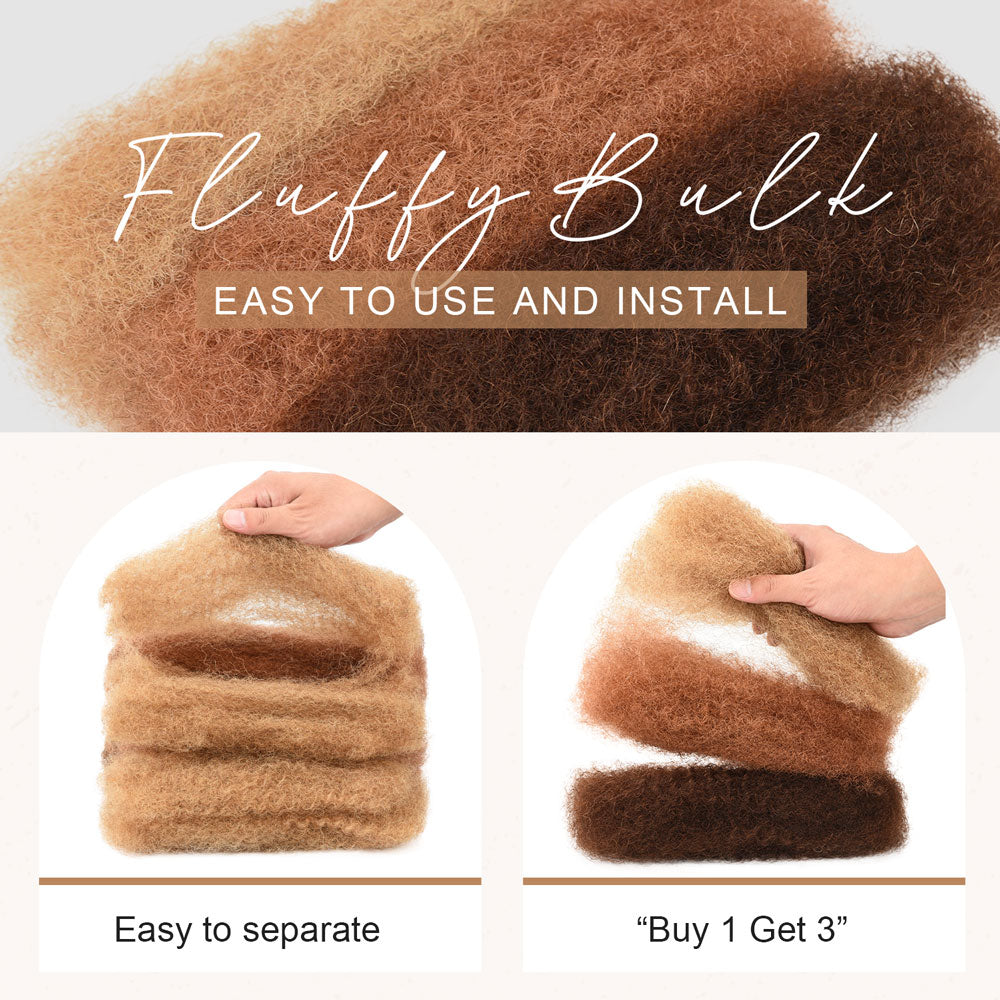 Fluffy afro kinky human hair bulk (16 inch) in shades of brown and blonde. Easy to use, separate, and install.