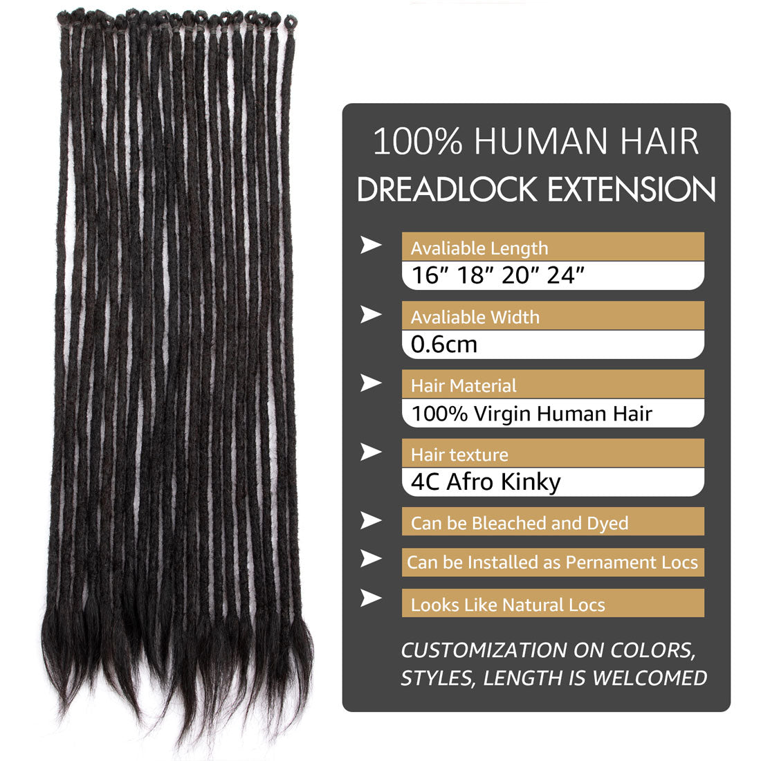 Pre-Looped Straight Human Hair Dreadlocks Extensions Single Ended Handmade Locs For Men and Women 0.6cm Thickness