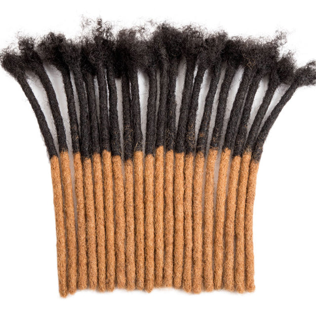 Handmade human hair dreadlock extensions in T1B/30 ombre black to brown, 0.8cm thickness