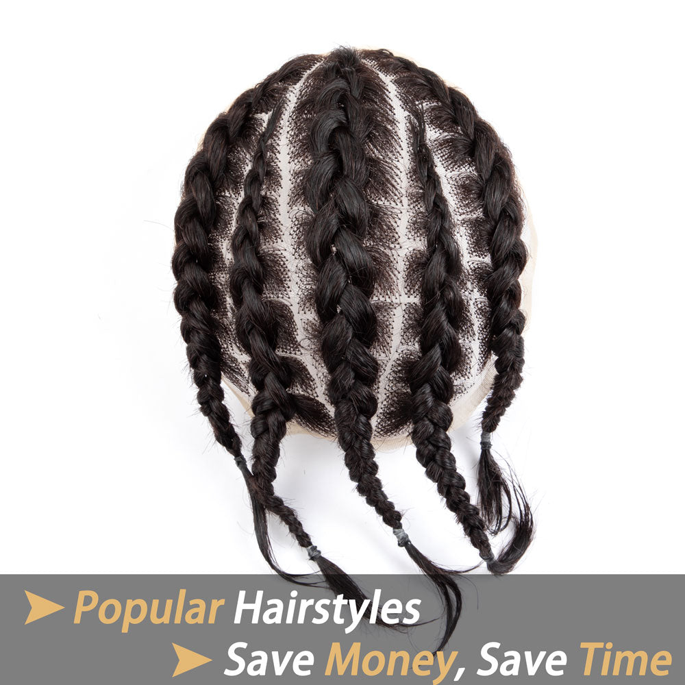 Cornrow Braids Toupee 8x10 inches Natural Black Human Hair Base unit with Transparent Lace