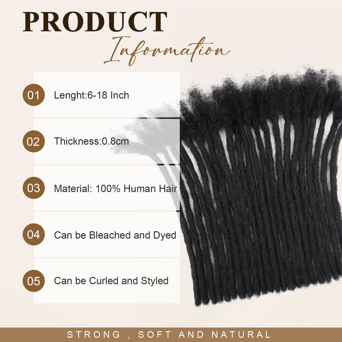 0.8cm human hair loc extensions, 6-18 inch length. Natural, soft, and strong dreadlocks for men and women.