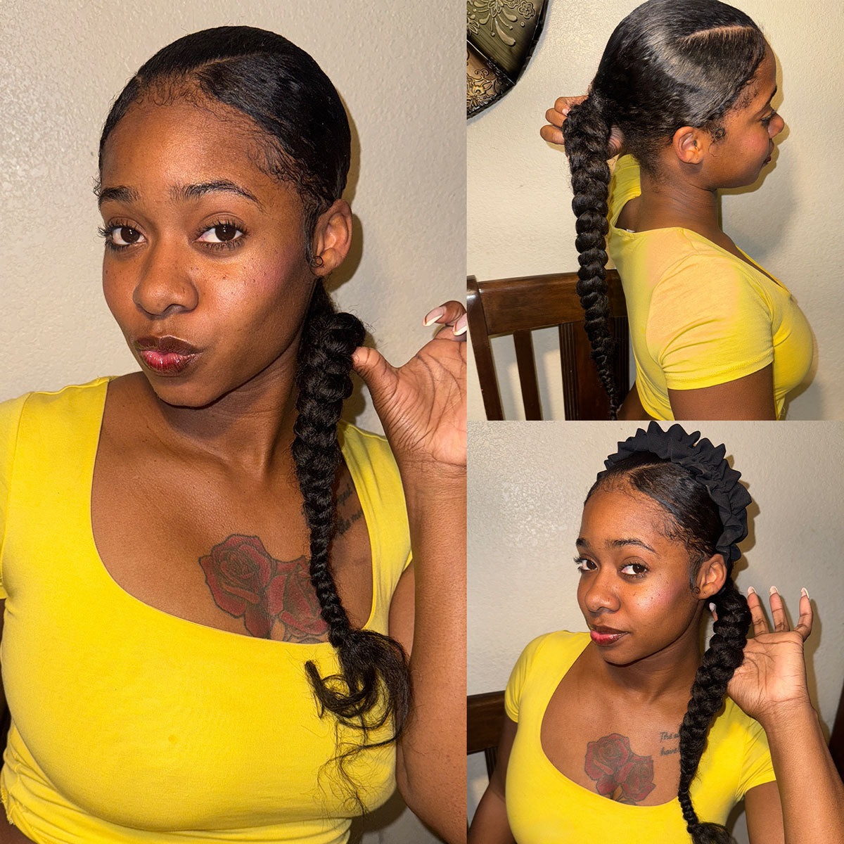Woman with thick, pre-stretched braiding hair extension in a long, single braid, showcasing its soft texture and natural taper.