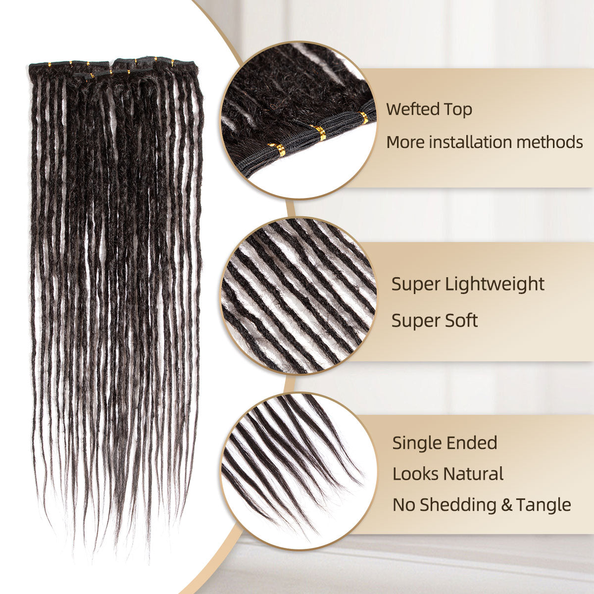 Straight Human Hair Dreadlocks Extensions Single Ended Handmade Locs For Men and Women 0.6cm Thickness