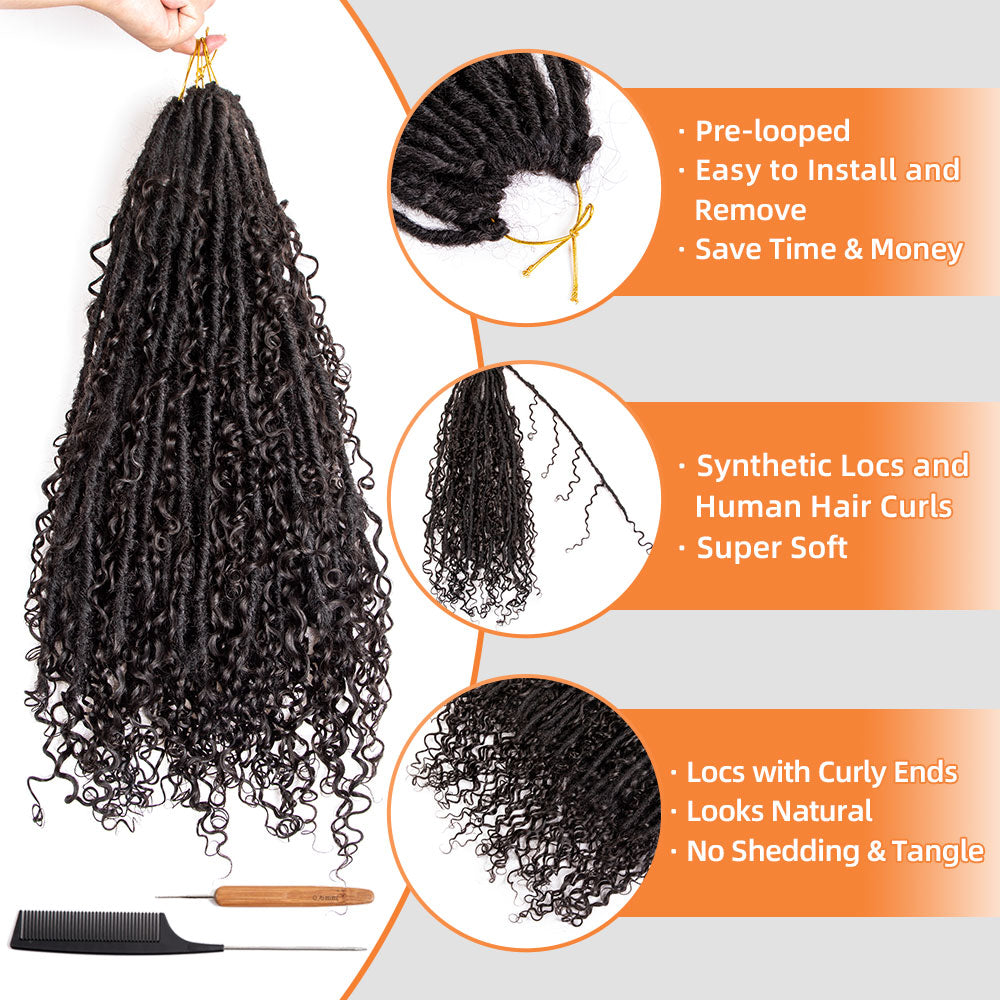 Pre-looped Crochet Boho Locs Braiding Hair With Human Hair Curls Pre Looped Boho Goddess Locs Crochet Hair Dreadlocks Curly Full Ends Hair Extensions For Black Women Natural Color