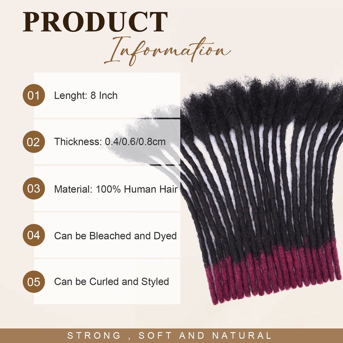 Handmade 8-inch 100% human hair dreadlock extensions, 0.4-0.8cm thick, dyed burgundy tips.