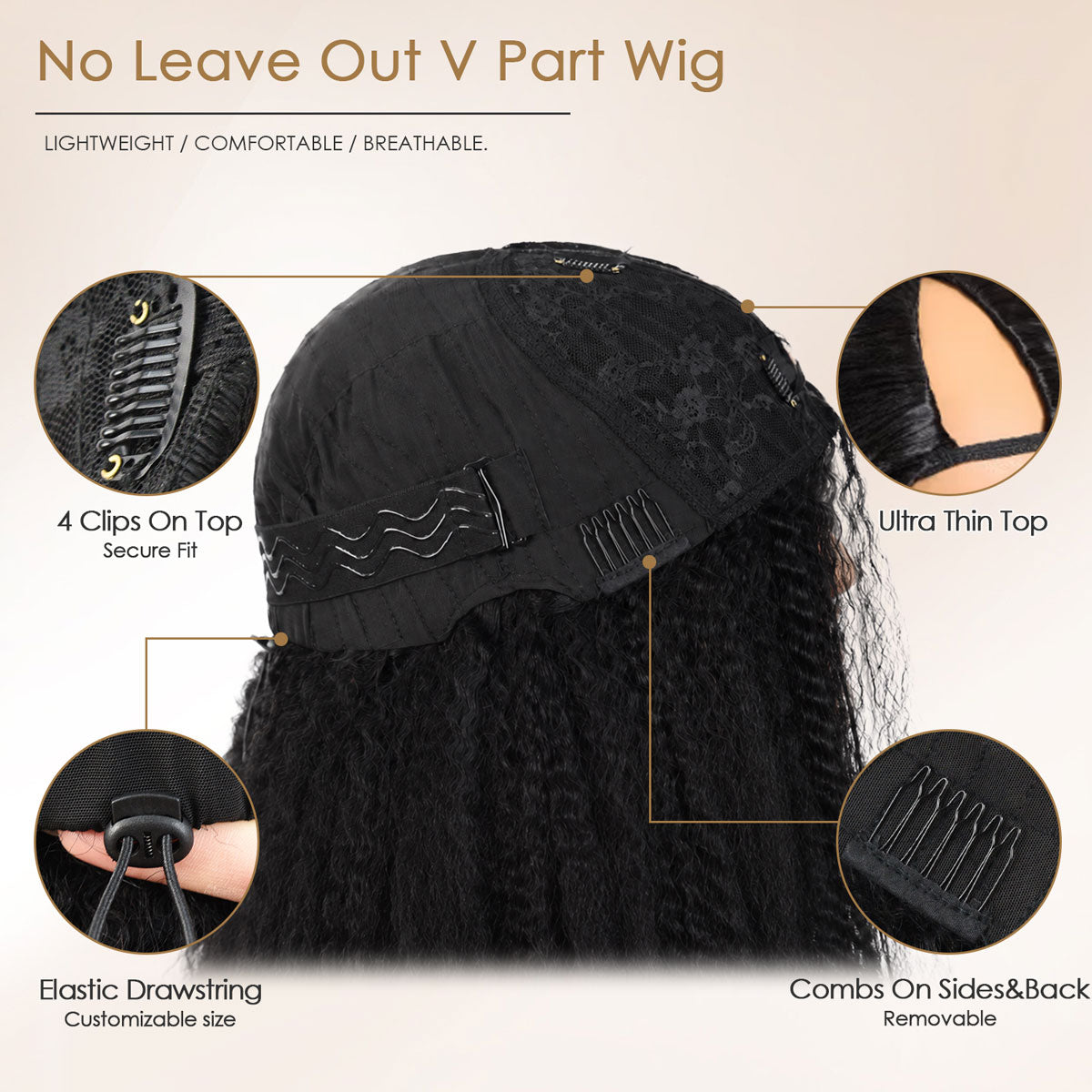 V Part Glueless Drawstring Kinky Straight 100% Human Hair Wig, 210% Density, No Leave Out, Soft Natural Blend, Adjustable Cap, Beginner Friendly Wear and Go Wig
