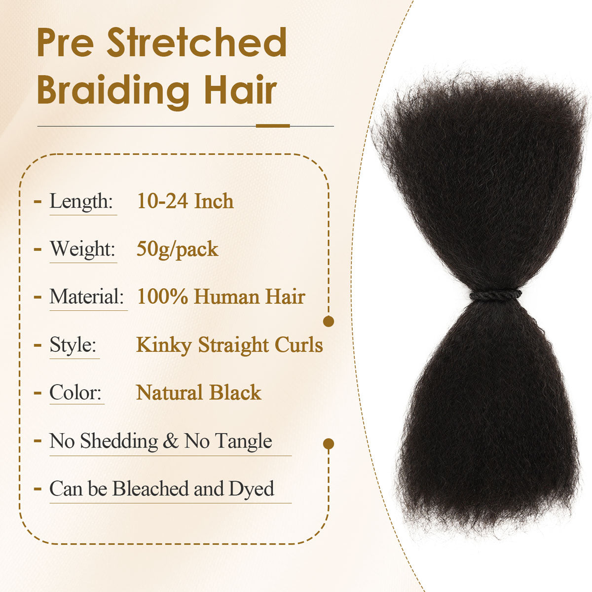 Pre-stretched braiding hair, 100% human hair, kinky straight curls, natural black, 50g/pack