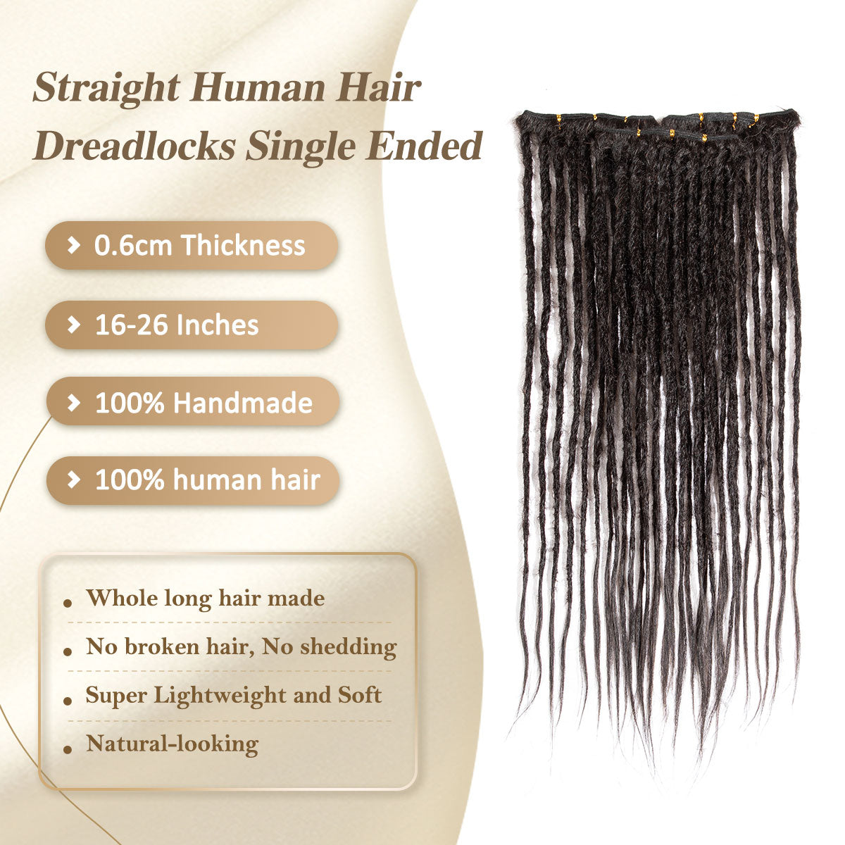 Straight Human Hair Dreadlocks Extensions Single Ended Handmade Locs For Men and Women 0.6cm Thickness