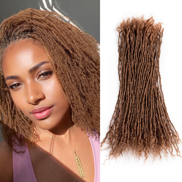 Model with curly brown sisterlocks; bundle of 100% human hair micro locs extensions #30.