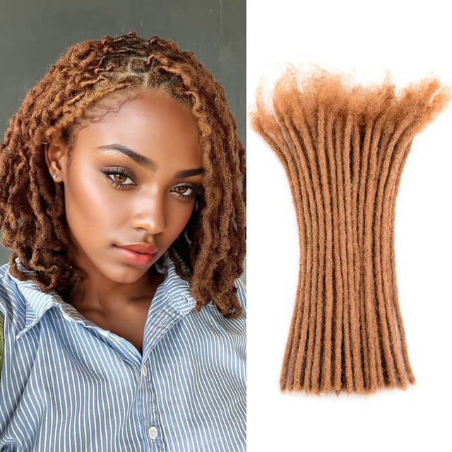 Handmade #30 brown human hair dreadlock extensions, 0.4-0.8cm thickness, on model. #30 auburn color.