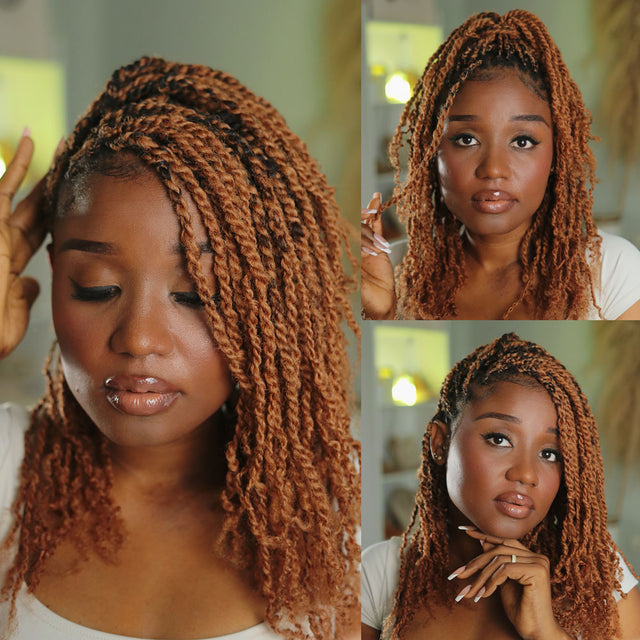 #30 caramel afro kinky bulk human hair styled in twists for dreadlocks, braids, locs. #30 warm brown afro kinky bulk human hair for braids, twists, dreadlocks, locs.