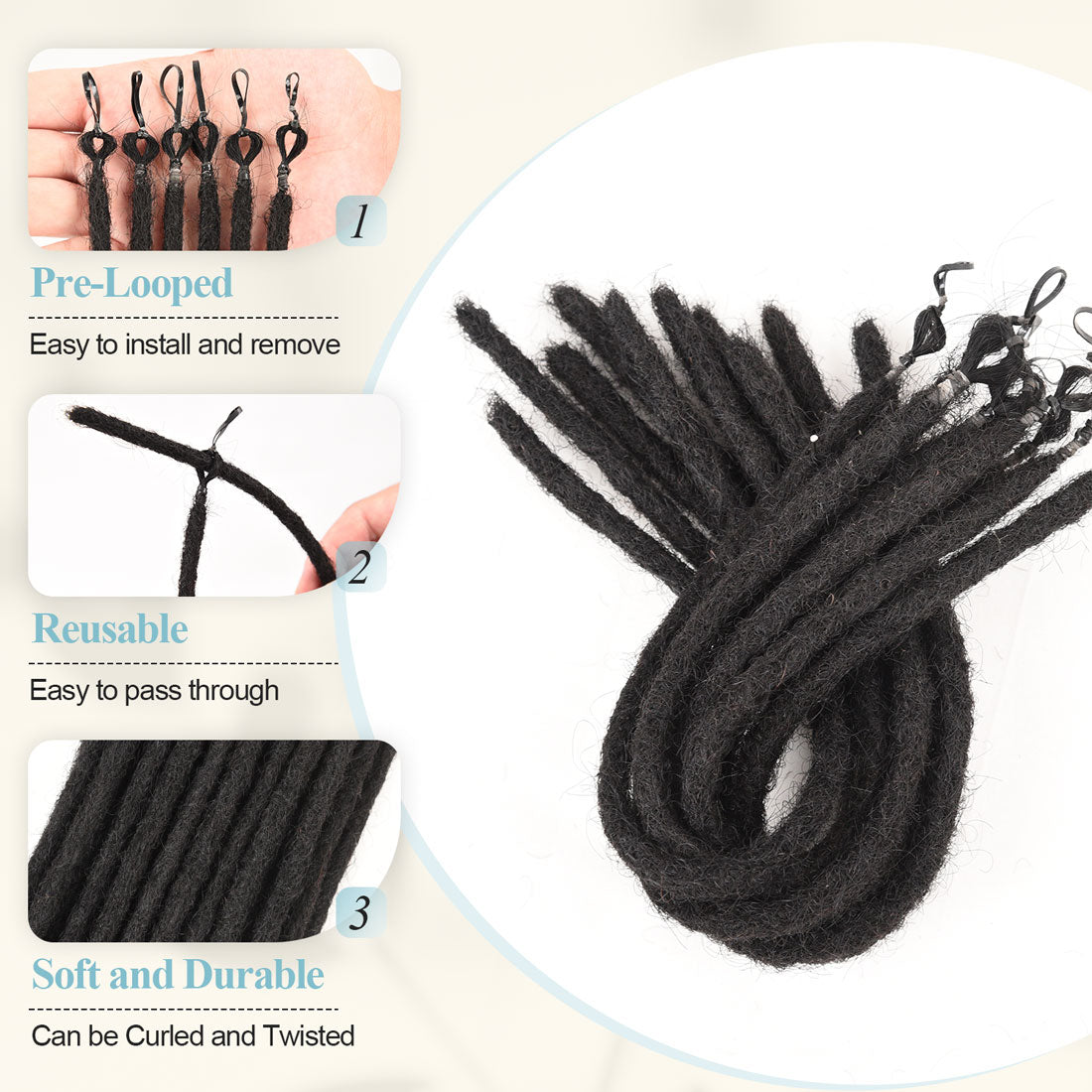 Pre-Looped Dreadlocks Extensions Human Hair For Men and Women Natural Black