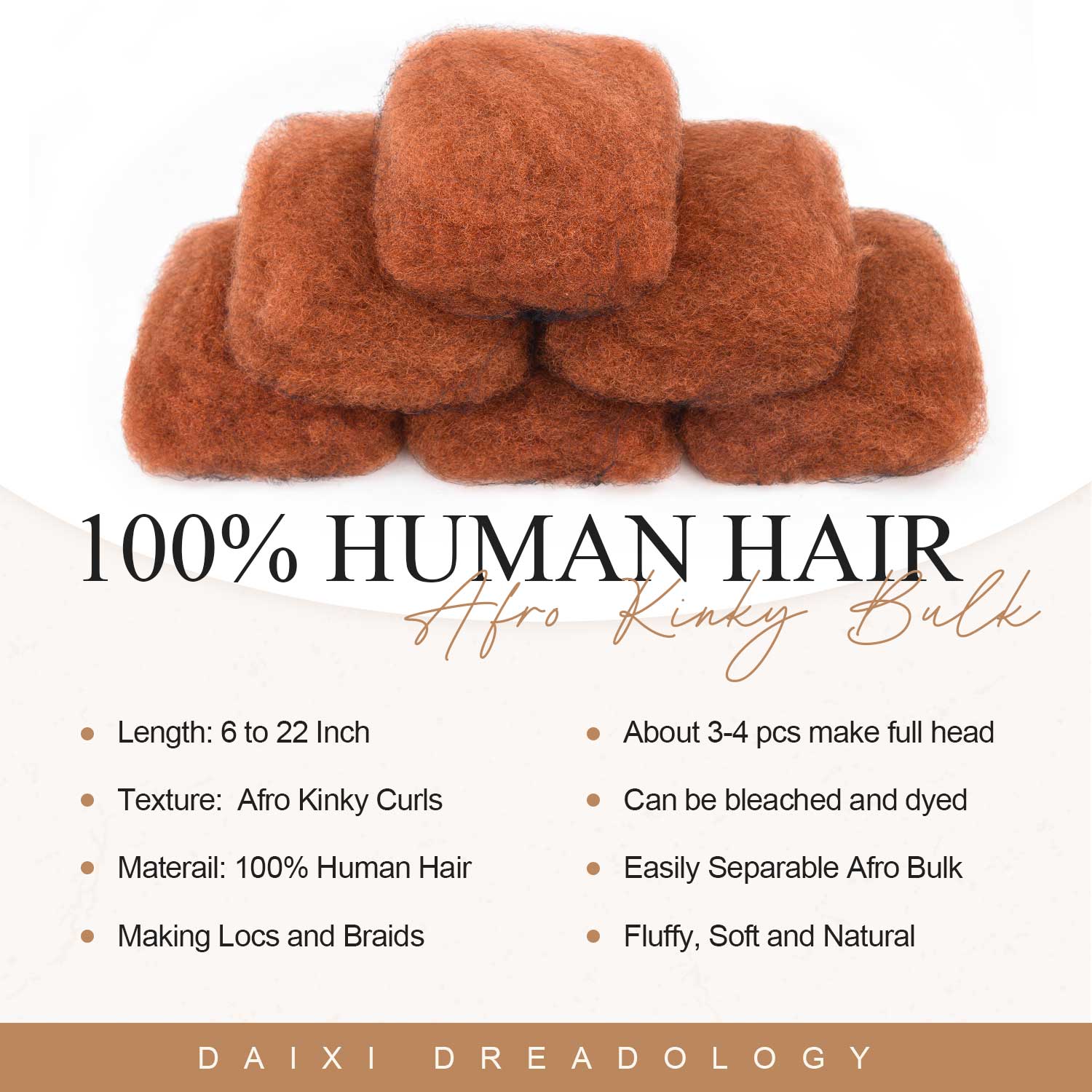 #350 Ginger New Afro Kinkys Bulk Human Hair for Dreadlocks/Braids/Twists/Repair Locs
