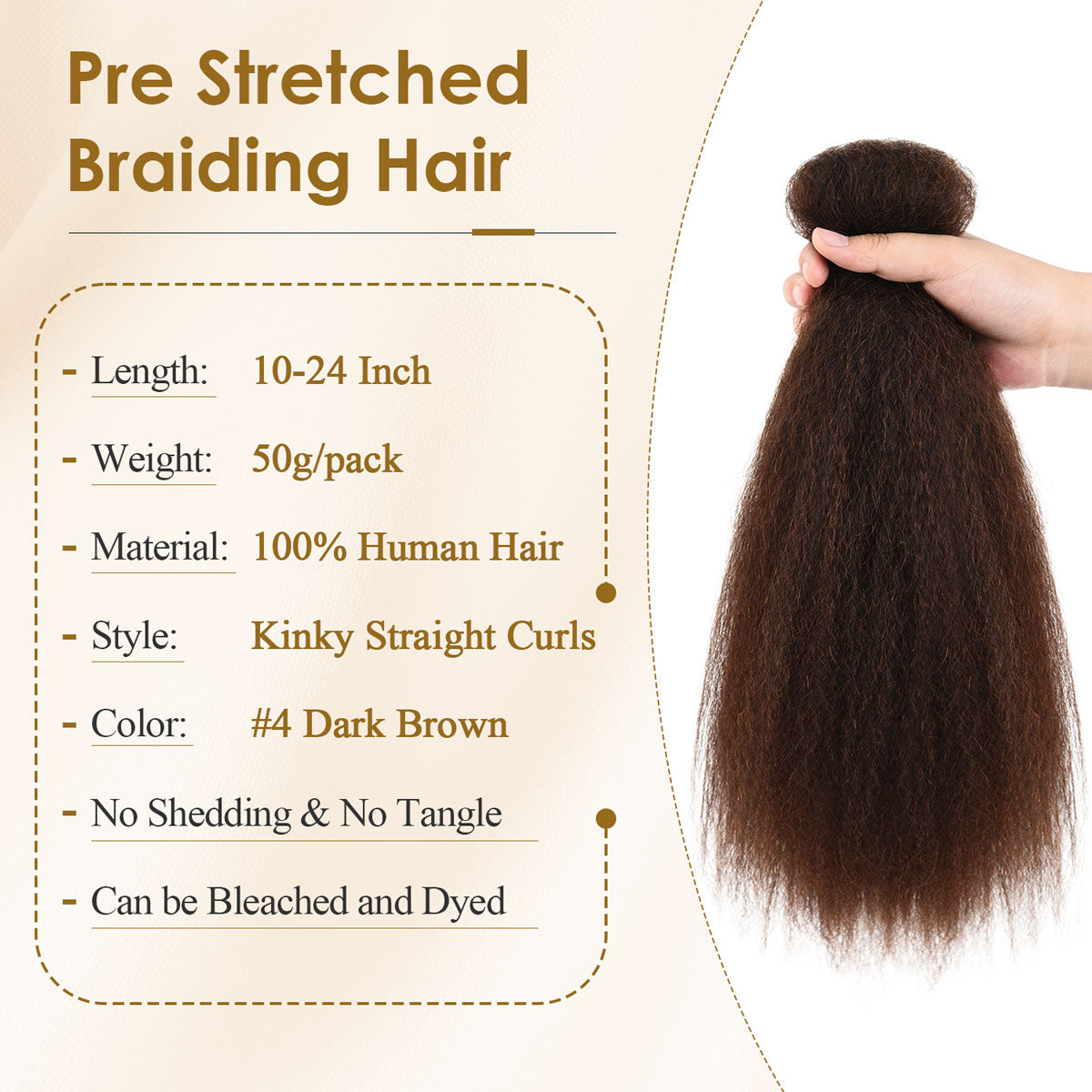 #4 Pre Stretched Braiding Hair for Twist Braids Kinky Straight Texture 100% Human Hair Extensions