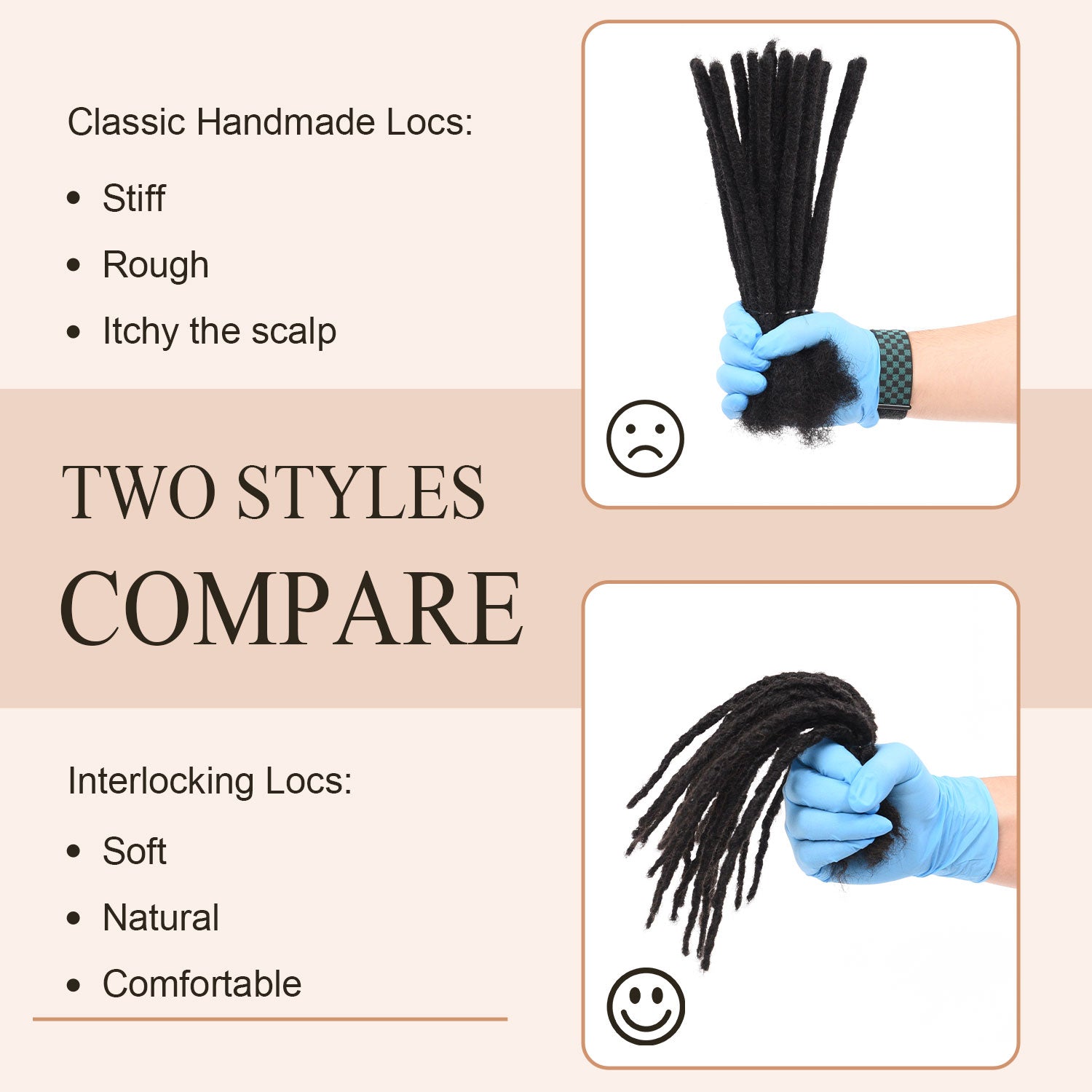Interlocking Locs 100% Real Human Hair Loc Extensions, Whole long hair, Full Handmade natural black