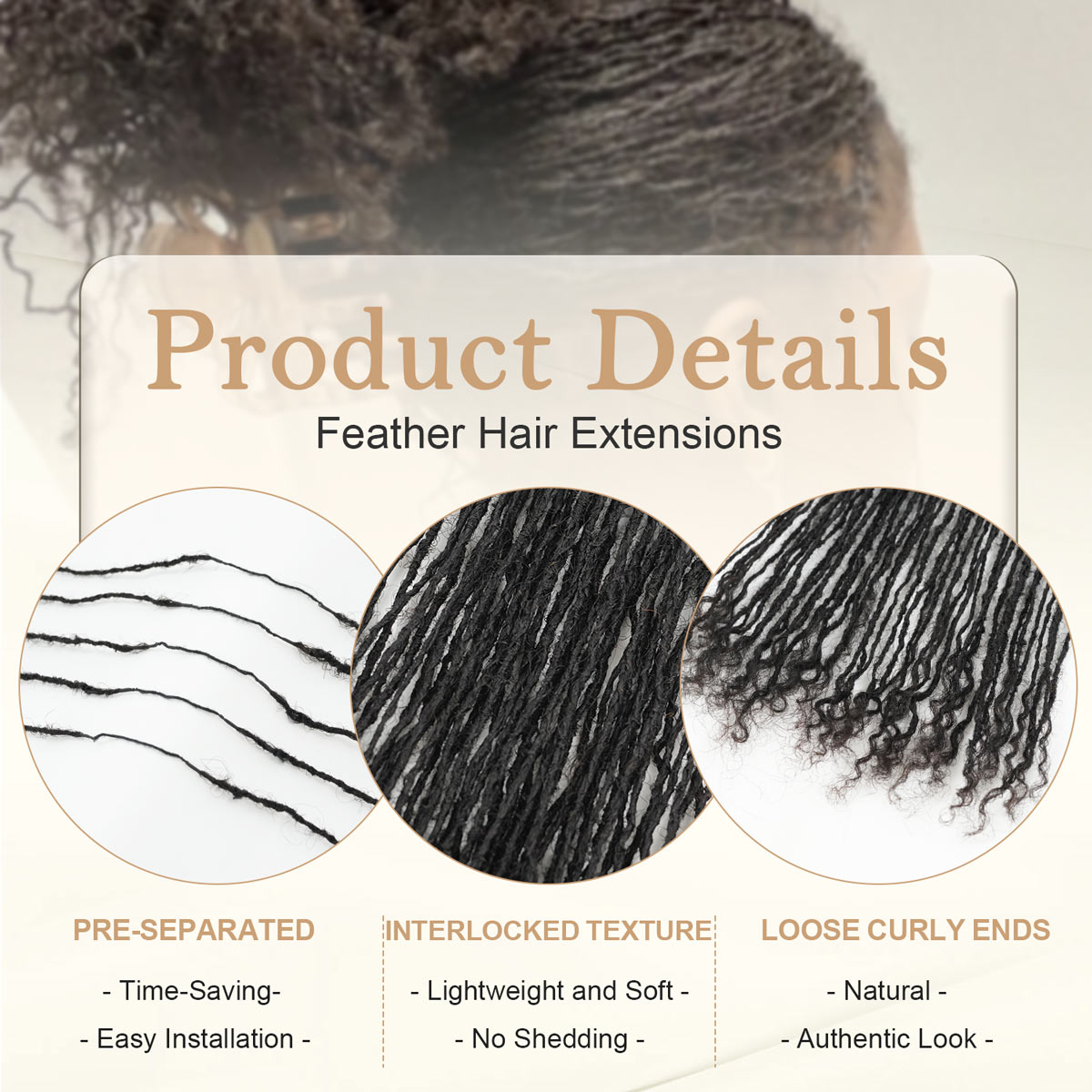 Interlocking Sisterlocks Feather Hair Extensions Curly Tips 100% Real Micro Loc Extensions Human Hair, Natural Black