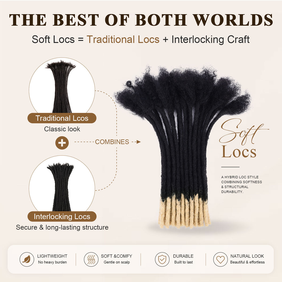 Soft locs combining traditional locs texture with interlocking craftsmanship.