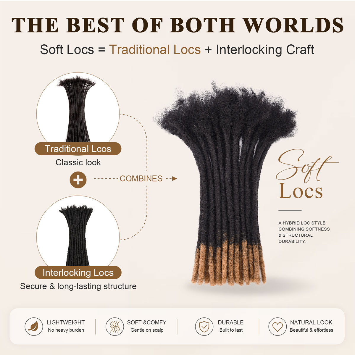Soft locs combining traditional locs texture with interlocking craftsmanship.
