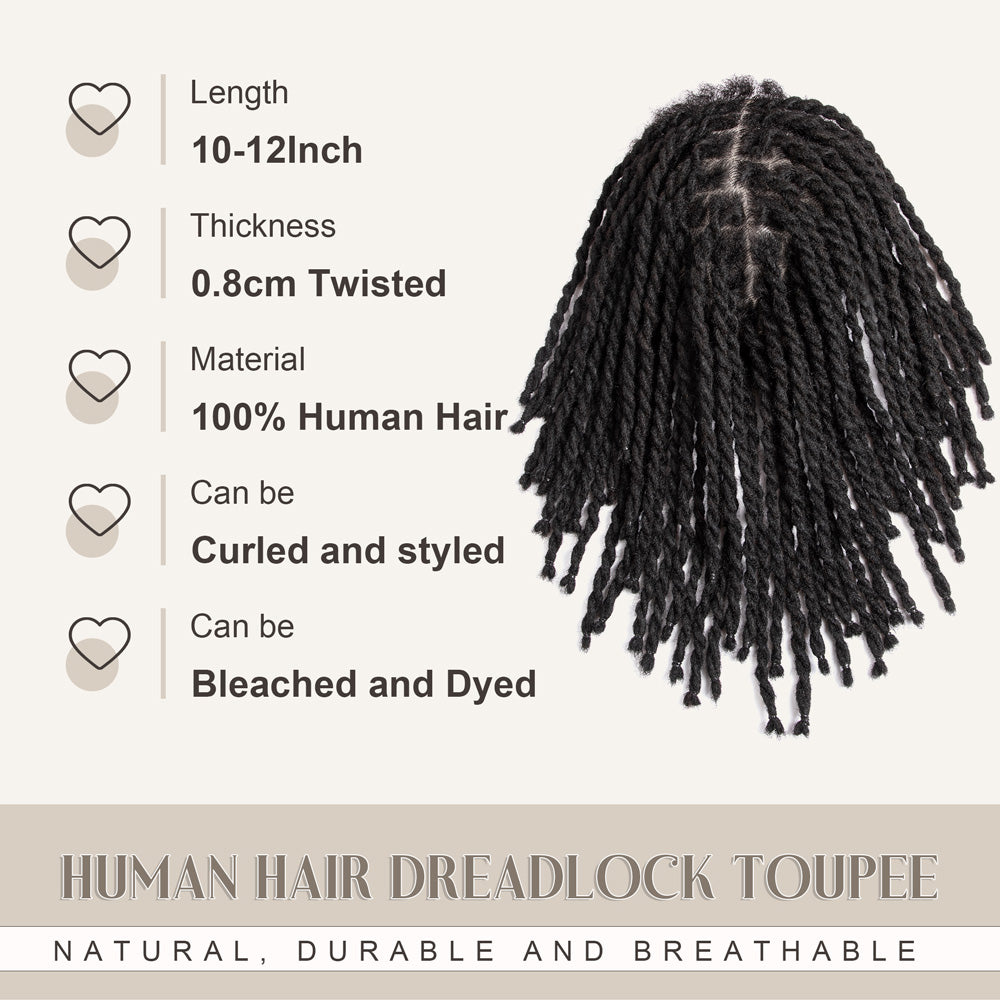 Deux brins Twist Dreadlocks Toupee Afro Retwisting Locs Unité de base pour hommes noirs 100 % cheveux humains Weave Hair Unit 8 x 10 pouces avec dentelle transparente
