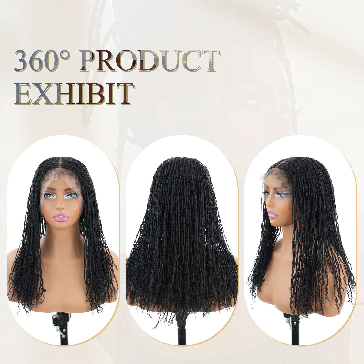 Sister locs human hair full lace wig, black, 360° view.