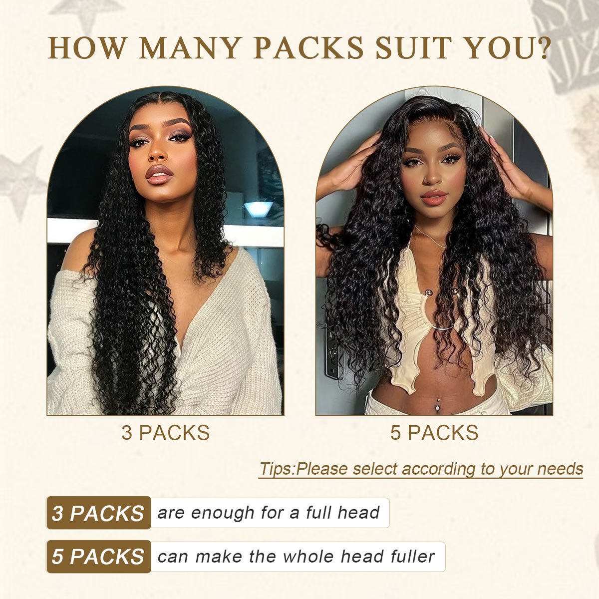 Deep wave crochet human hair extension natural black: 3 packs for full head, 5 for fuller style.