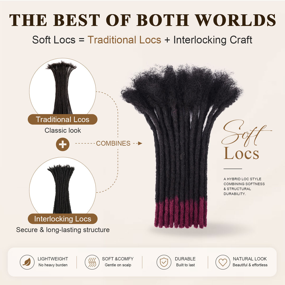 Soft locs combining traditional locs texture with interlocking craftsmanship.