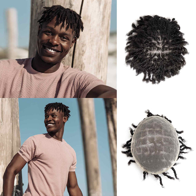 Black man with interlocking dreadlocks. Includes toupee top view and base unit bottom view. 100% human hair, transparent lace base.