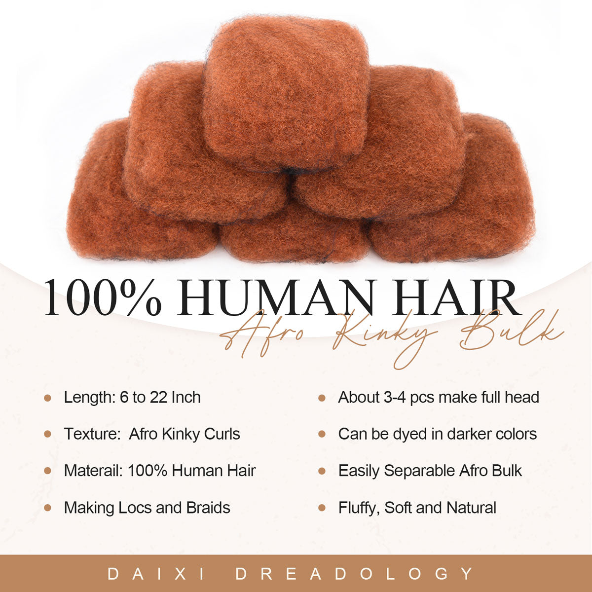 #350 Ginger Afro Kinky Bulk Human Hair for Dreadlocks/Braids/Twists/Repair Locs