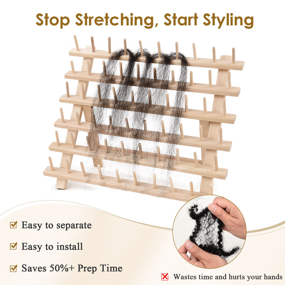 Pre-stretched braiding hair on rack, 'Stop Stretching, Start Styling' text. Benefits: easy separate/install, saves prep time.