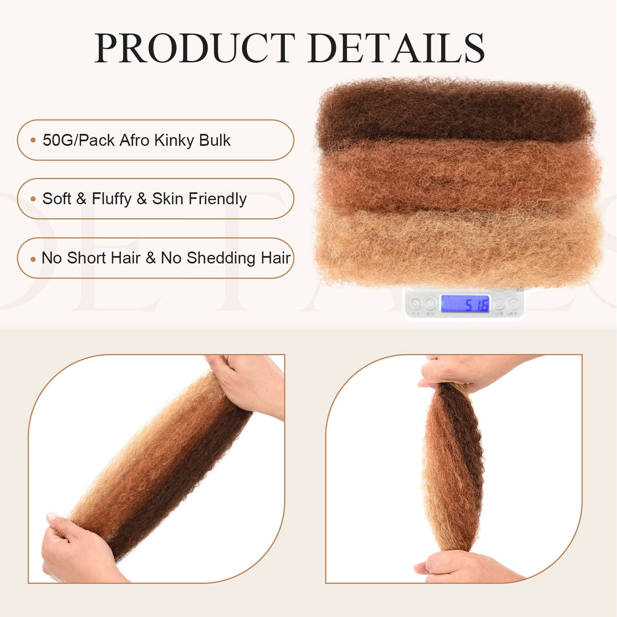 Afro kinky bulk human hair in ombre brown and blonde shades, 16 inch, 50g pack