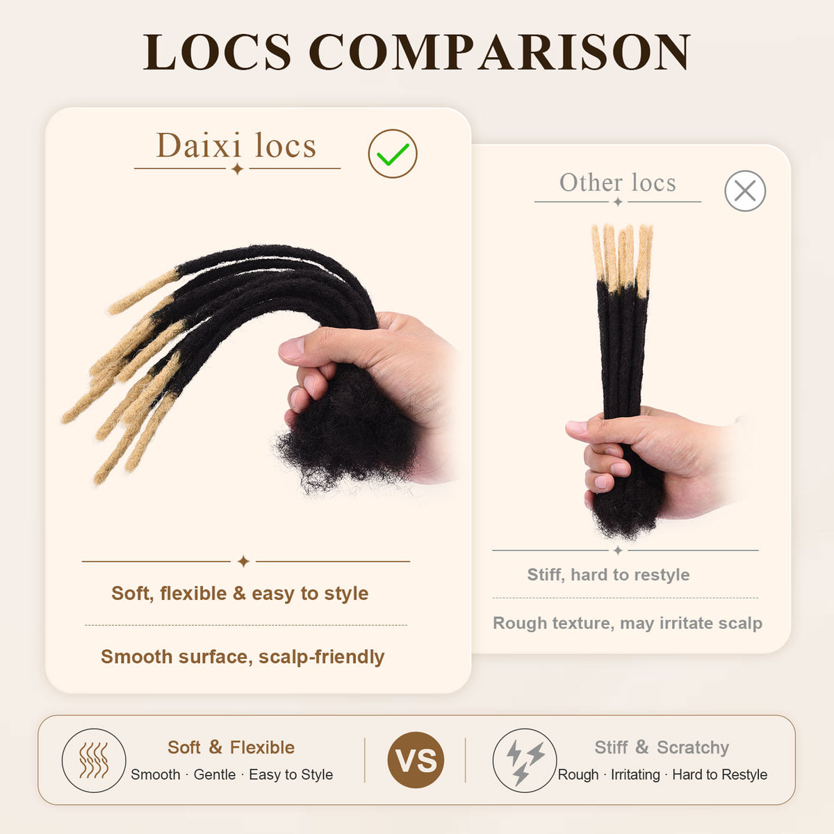 Daixi locs comparison showing soft, flexible texture versus stiff locs.