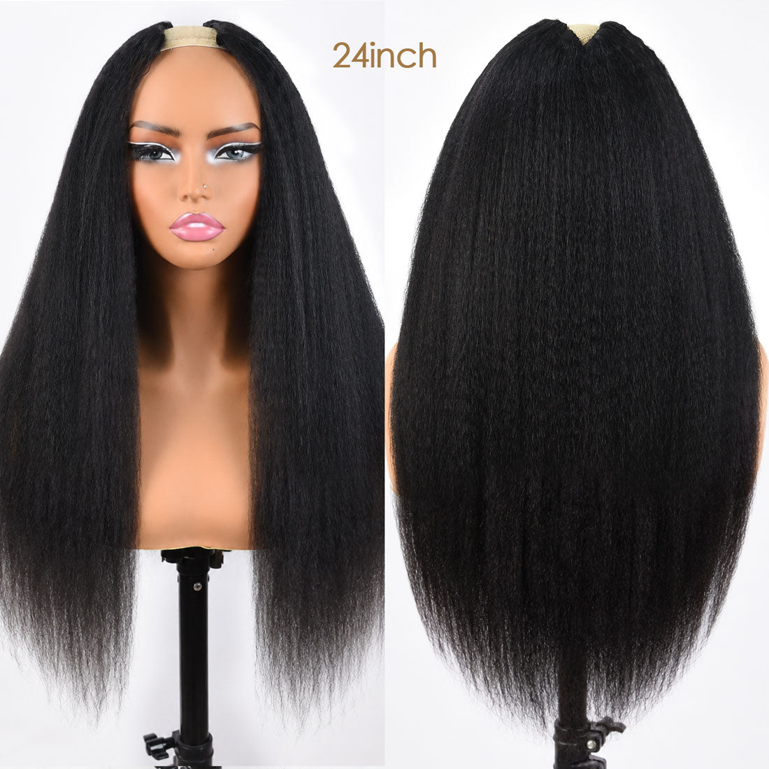 V Part Glueless Drawstring Kinky Straight 100% Human Hair Wig, 210% Density, No Leave Out, Soft Natural Blend, Adjustable Cap, Beginner Friendly Wear and Go Wig
