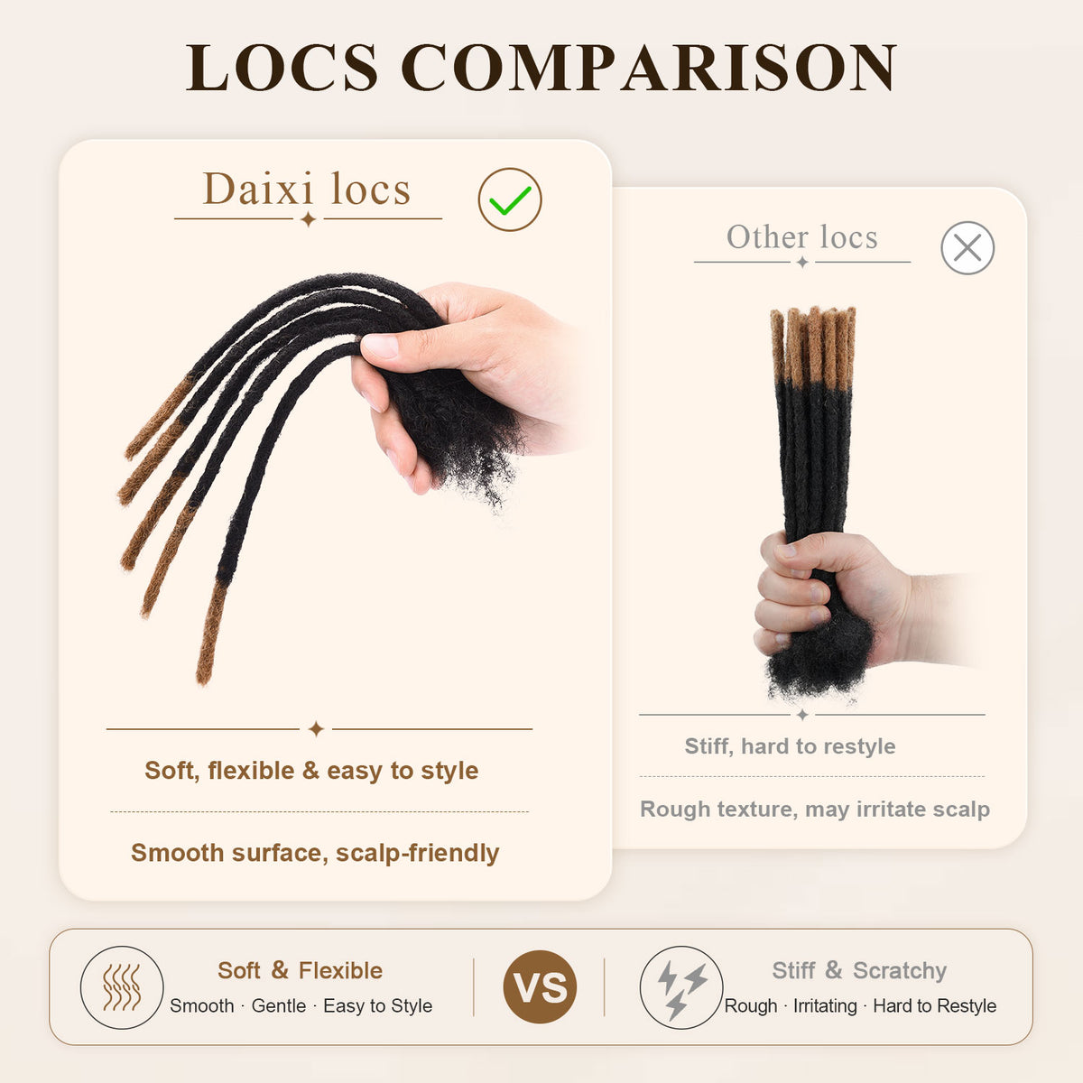 Daixi locs comparison showing soft, flexible texture versus stiff locs.