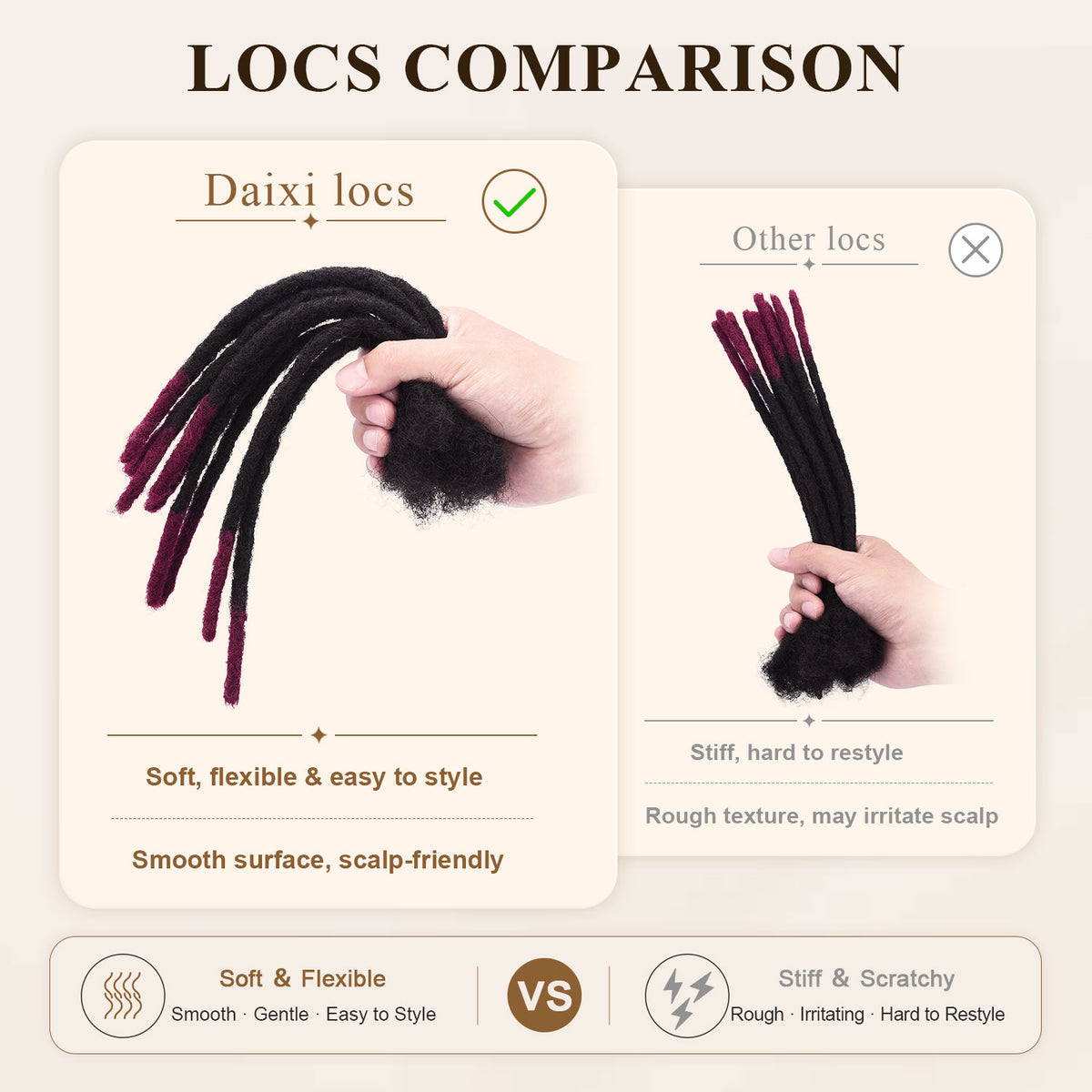 Soft locs combining traditional locs texture with interlocking craftsmanship.