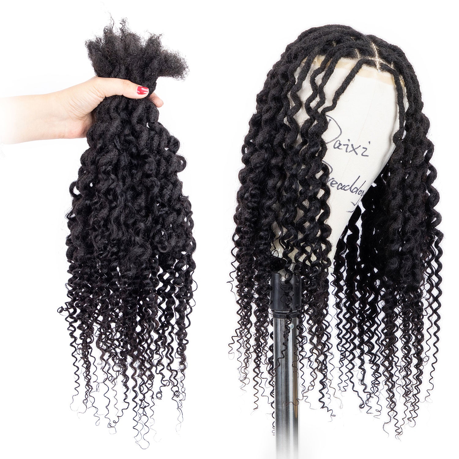 Boho Dreadlocks Extensions with Curly Ends Afro Human Hair Handmade Goddess Locs 0.6cm Thickness Natural Black