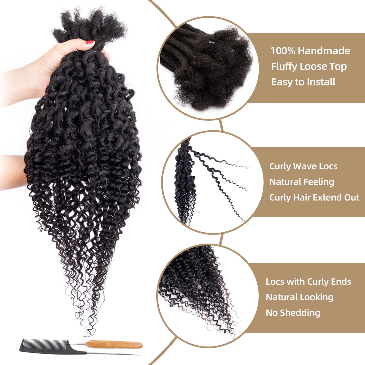 Boho Dreadlocks Extensions with Curly Ends Afro Human Hair Handmade Goddess Locs 0.6cm Thickness Natural Black