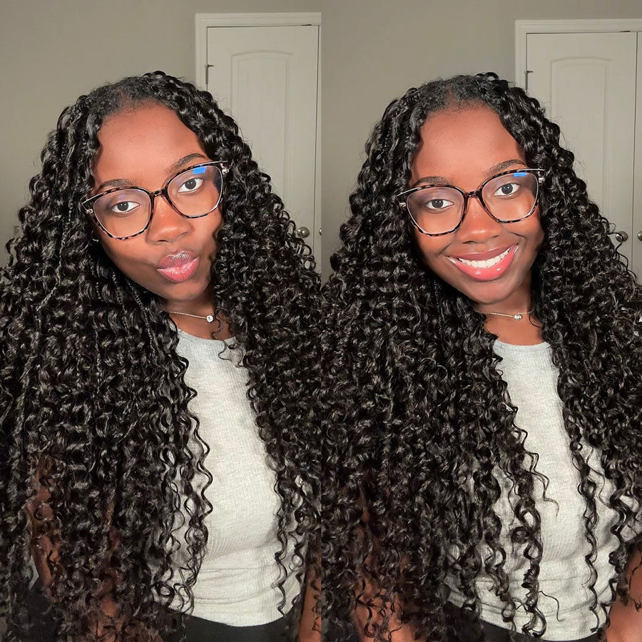 Model with natural black deep wave crochet human hair extensions, showcasing voluminous curls.